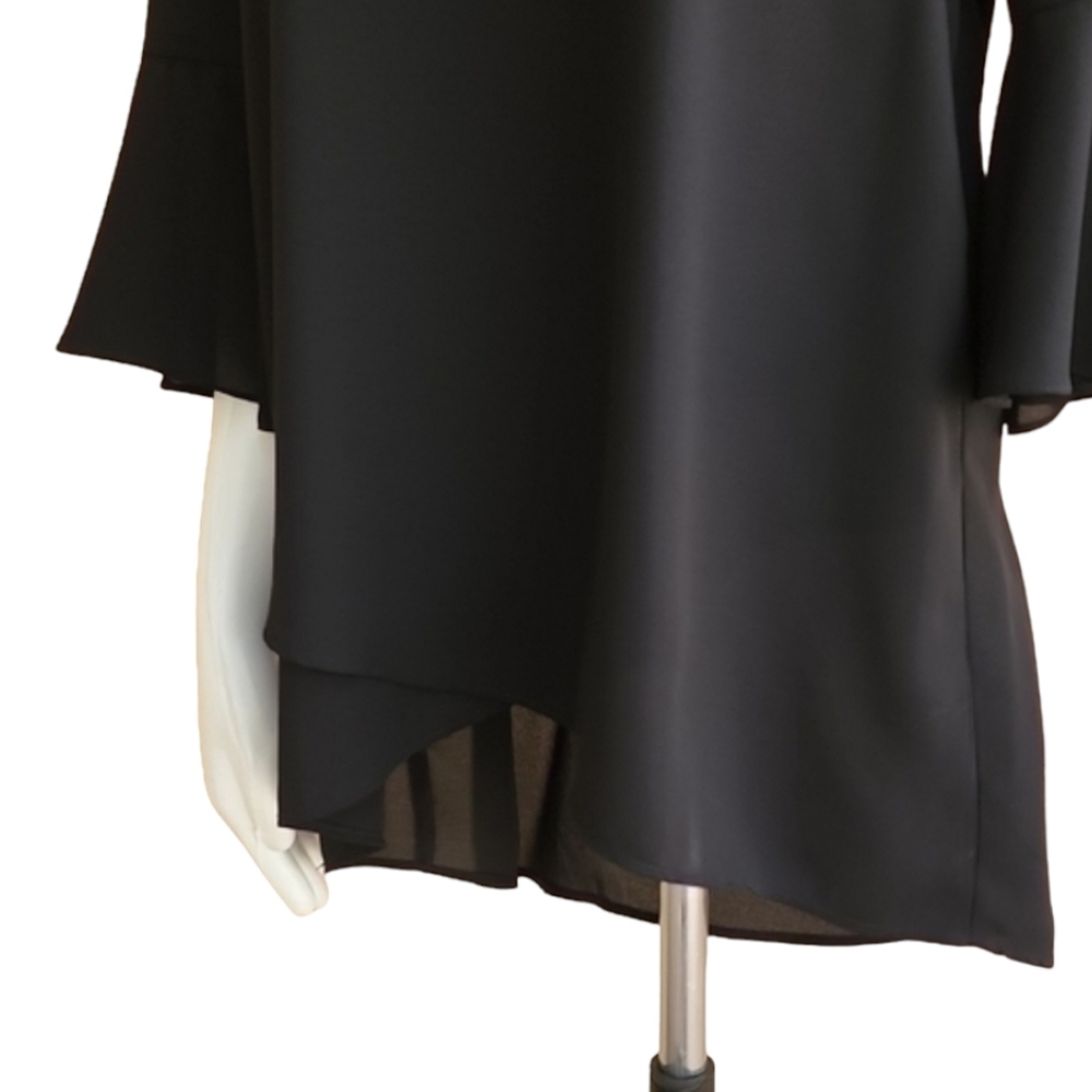 KAREN KANE Black Chiffon Blouse M Crossover Hem Ruffle Bell Sleeve Top - Picture 10 of 16